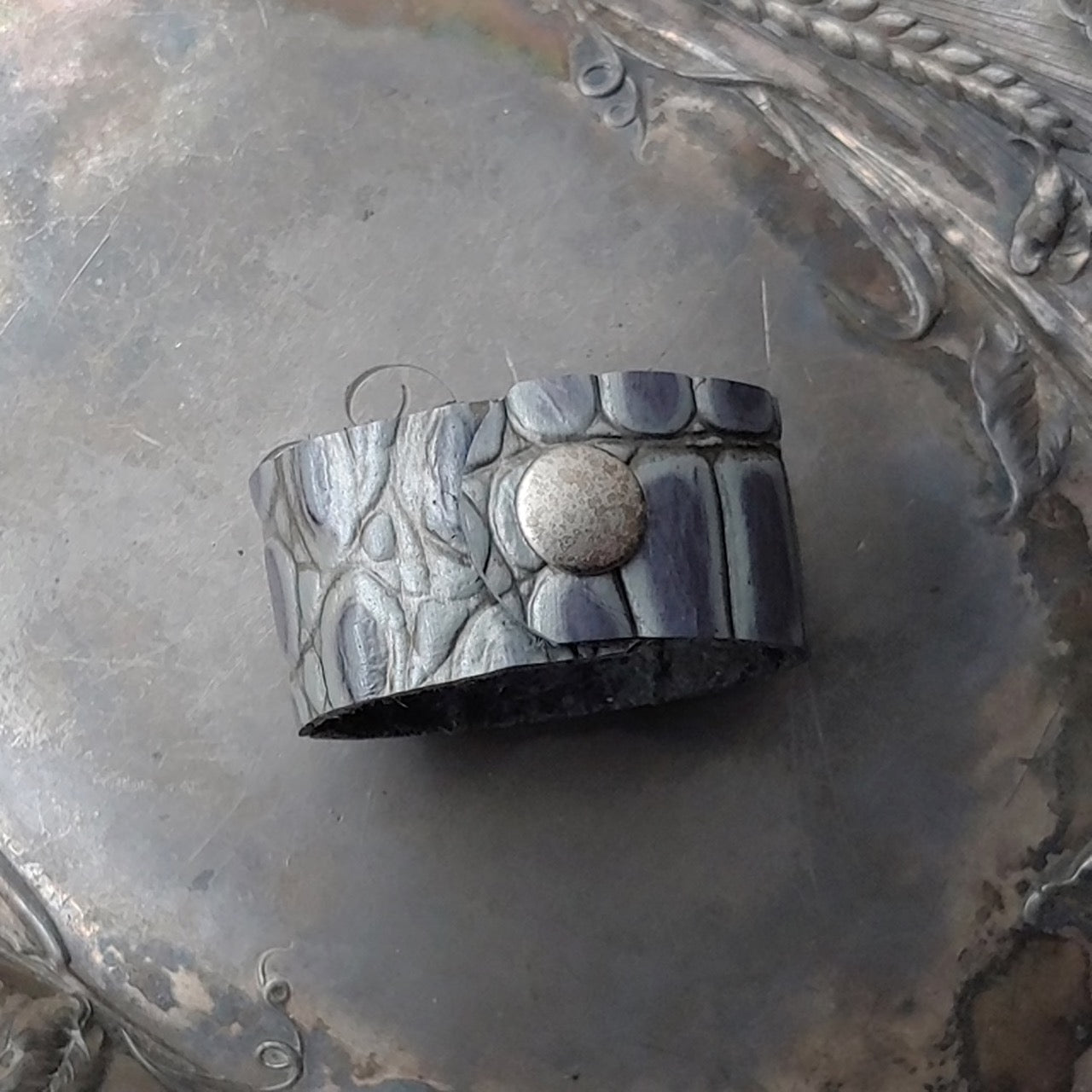 Silver Intaglio Leather Shawl Cuff